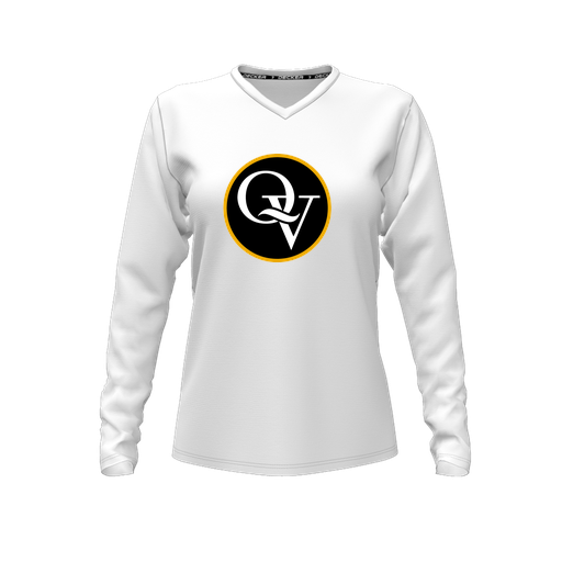 [CUS-DFW-TEES-CMF-VNK-LSL-WHT-FYXS-LOGO1] Decker Comfort T-Shirt (Female Youth XS, White, V Neck, Logo 1, Long Sleeve)